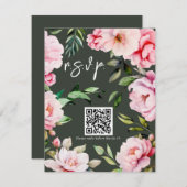 Floral Peony Magnolia Green Wedding QR RSVP Karte (Vorne/Hinten)