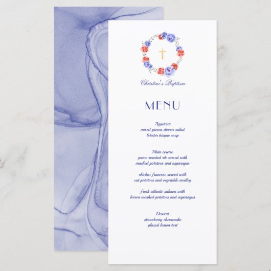 Floral Peony Wreath Taufe Christening Menükarte (Vorne/Hinten)