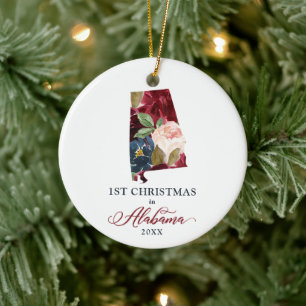 Floral Personalized 1st Christmas In Alabama State Keramik Ornament
