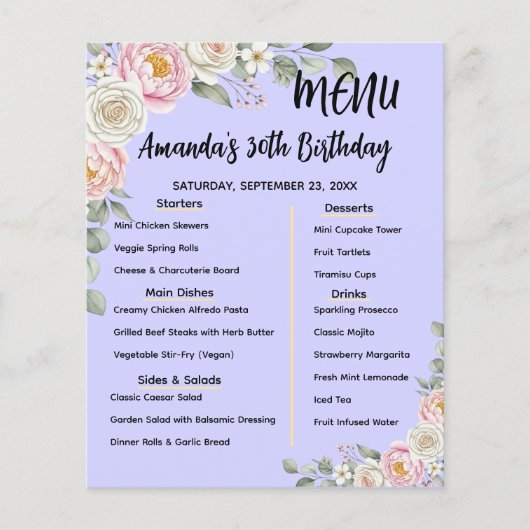 Floral Personalized Birthday Menu Program Card Flyer (Vorne)