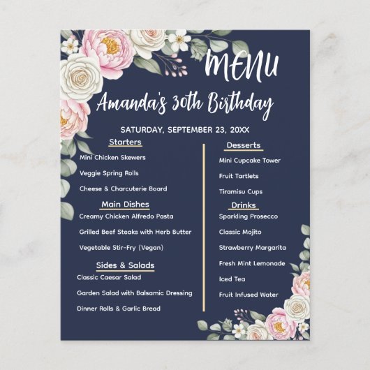 Floral Personalized Birthday Menu Program Card Flyer (Vorne)