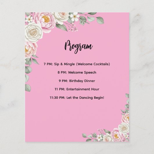 Floral Personalized Birthday Menu Program Card Flyer (Hinten)