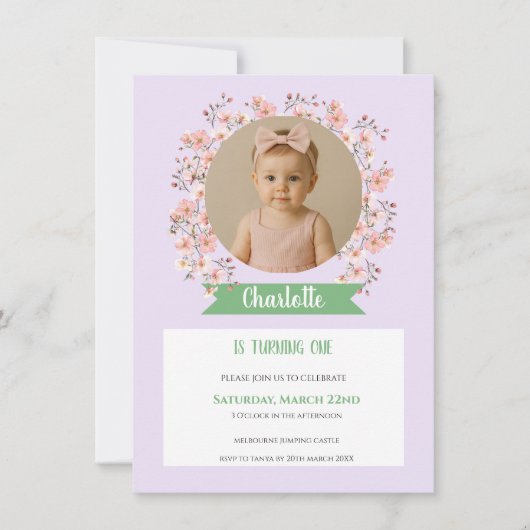 Floral Photo Birthday Invitation for Girl Dankeskarte (Vorderseite)