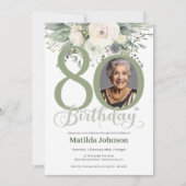 Floral Photo Sage 80th Birthday Einladung (Vorderseite)
