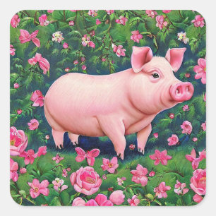 Floral Pig Quadratischer Aufkleber
