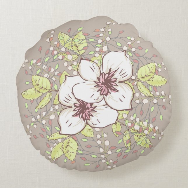 Floral Pillow Design Tan & White Rundes Kissen (Rückseite)