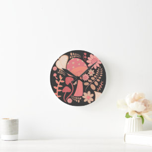 Floral & Pilz Schwarz Runde Wanduhr