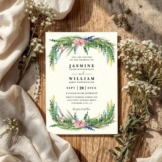 Floral Pine Rustic Country Elegant QR Code Wedding Einladung