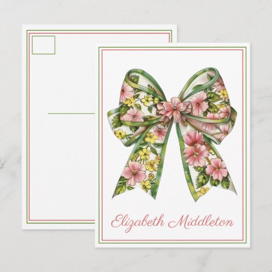 Floral Pink and Green Watercolor Bow Personalized Postkarte (Vorne/Hinten)