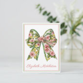 Floral Pink and Green Watercolor Bow Personalized Postkarte (Stehend Vorderseite)