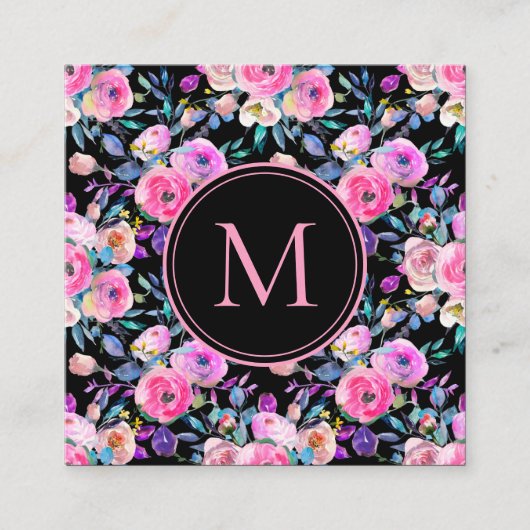 Floral Pink Aquarellfarbenmonogramm Quadratische Visitenkarte (Vorderseite)