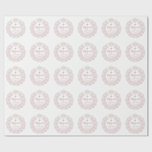 Floral Pink Baby Angel Cross Taufe Geschenkpapier (Flach)