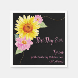 Floral Pink Black Yellow Monogram Birthday Napkins Serviette
