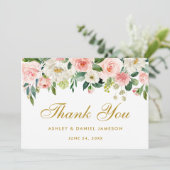 Floral Pink Blush Gold Hochzeit Vielen Dank Dankeskarte (Stehend Vorderseite)