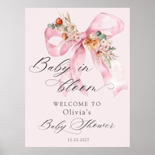Floral Pink Bow Baby in Bloom Baby Dusche Willkomm Poster (Vorne)