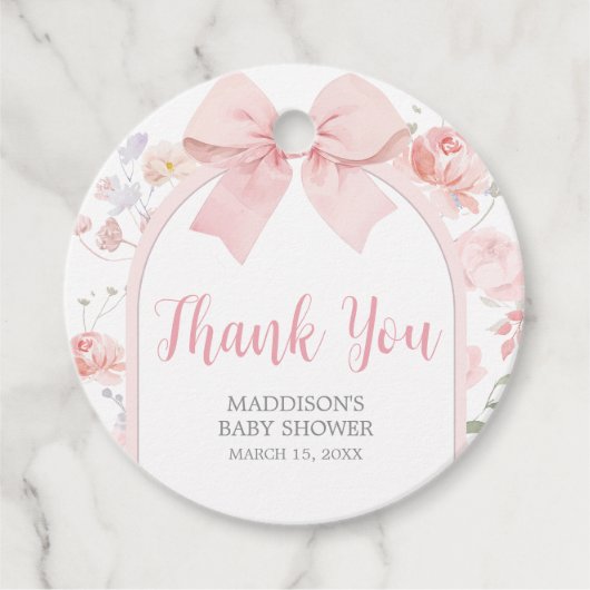 Floral Pink Bow Baby in Bloom Baby Shower Geschenkanhänger (Vorderseite)