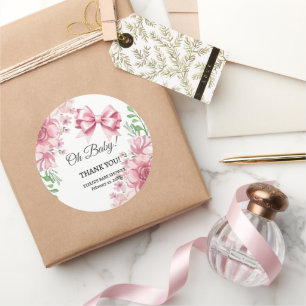 Floral Pink Bow Babydusche Runder Aufkleber