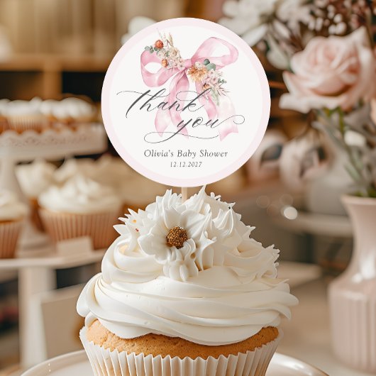 Floral Pink Bow Elegant Baby Dusche Vielen Dank Runder Aufkleber