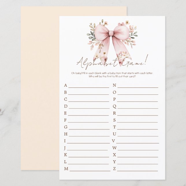 Floral Pink Bow Girl Babydusche Alphabet (Vorne/Hinten)