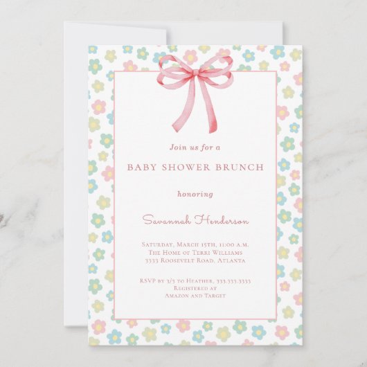 Floral Pink Bow Ribbon Baby Shower Brunch  Einladung (Vorderseite)