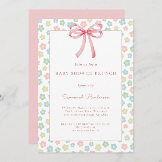Floral Pink Bow Ribbon Baby Shower Brunch Einladung (Vorne/Hinten)