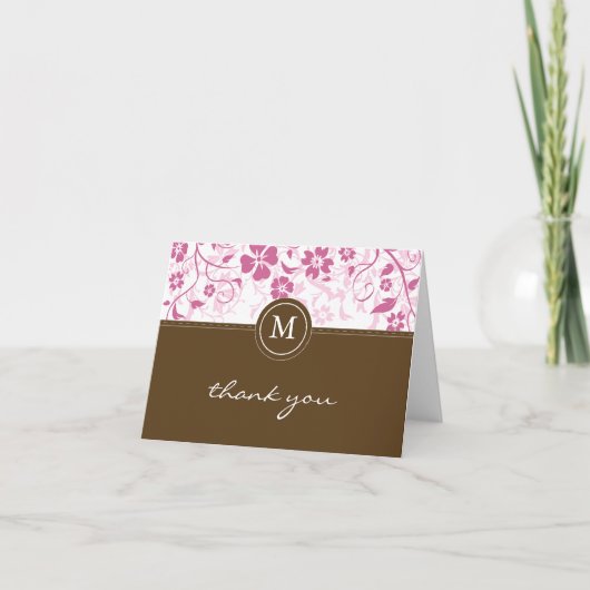 Floral Pink Brown Monogramm Danke Karte (Vorderseite)