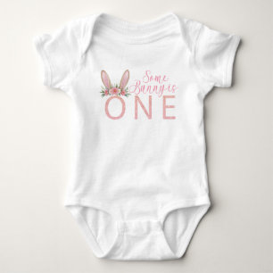 Floral Pink Bunny First Birthday Bodysuit Baby Strampler