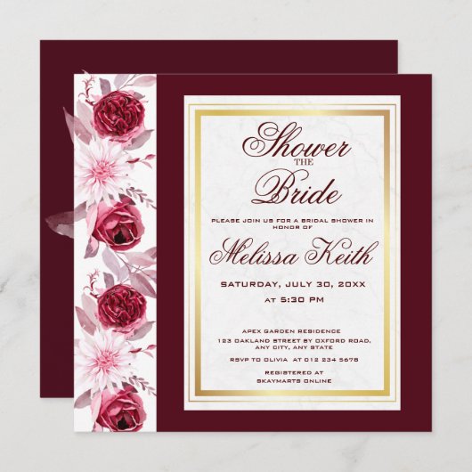 Floral Pink Burgundy Script Brautparty Square Einladung (Vorne/Hinten)