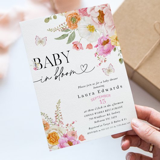 Floral Pink Butterflies Baby In Bloom Baby Shower Einladung