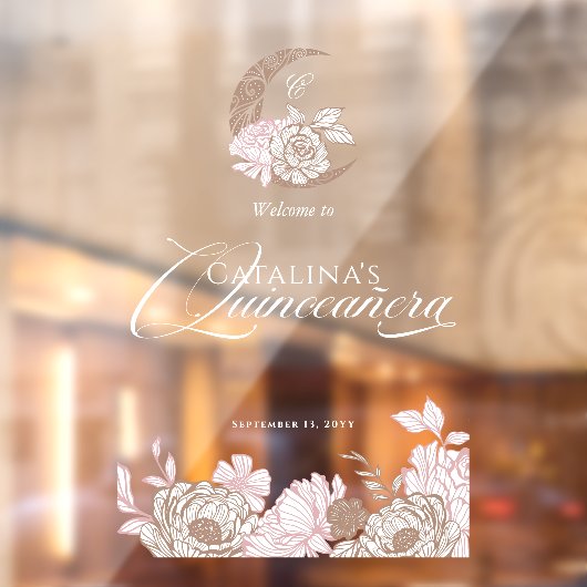 Floral Pink Celestial Moon Quinceanera Willkommen Fensteraufkleber (Blatt 2)