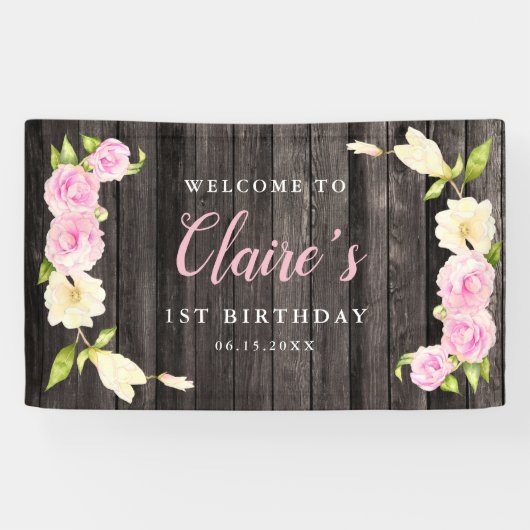 Floral Pink Cream Girls Geburtstagsparty Banner (Horizontal)