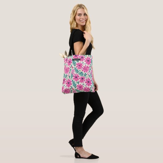 Floral Pink Daisy Botanisches Muster Tasche (Am Model)