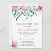 Floral pink elegante erste Kommunion Einladung (Vorderseite)