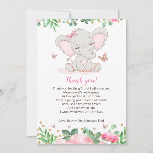 Floral Pink Elephant Babydusche Danke Karte (Vorderseite)