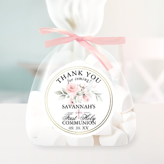 Floral Pink Erste heilige Kommunion Danke Classic Runder Aufkleber
