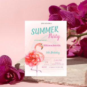 Floral Pink Flamingos Sommer Geburtstagsparty Einladung