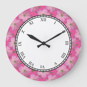 Floral Pink Garden Flowers Roman Digits Große Wanduhr