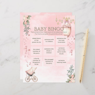 Floral Pink Girl Baby Dusche Bingo Spiel