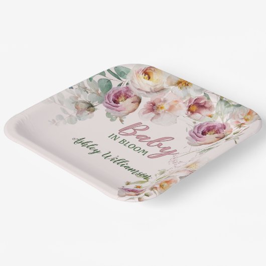 Floral Pink Girl Baby in Blütenfarbe Pappteller (Gewinkelt)