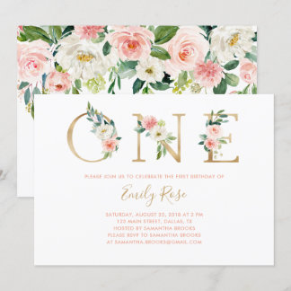 Floral Pink Gold 1. Geburtstag Party Einladung