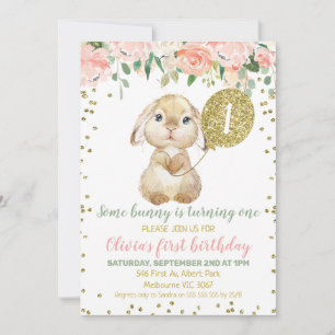 Floral Pink Gold Ballon Fluffy Bunny 1. Geburtstag Einladung