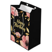 Floral Pink Gold Black Birthday Mittlere Geschenktüte (Vorderseite Schrägansicht)