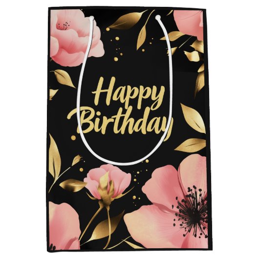Floral Pink Gold Black Birthday Mittlere Geschenktüte (Vorderseite)