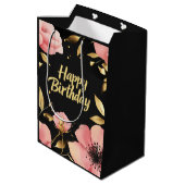 Floral Pink Gold Black Birthday Mittlere Geschenktüte (Rückseite Schrägansicht)