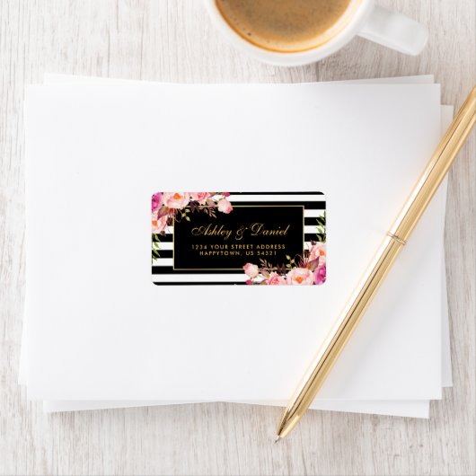 Floral Pink Gold Black Stripes Hochzeit Adressaufkleber (Insitu)