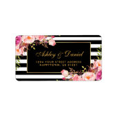 Floral Pink Gold Black Stripes Hochzeit Adressaufkleber (Vorne)