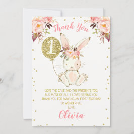 Floral Pink Gold Bunny 1. Geburtstag Danke, Karte