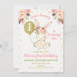 Floral Pink Gold Bunny 1. Geburtstag Einladung