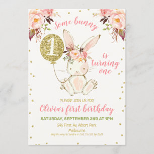 Floral Pink Gold Bunny 1. Geburtstag Einladung