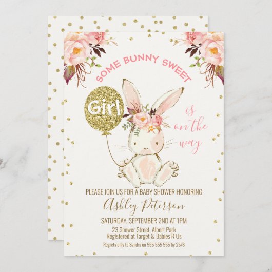 Floral Pink Gold Bunny Baby Dusche Einladung (Vorne/Hinten)